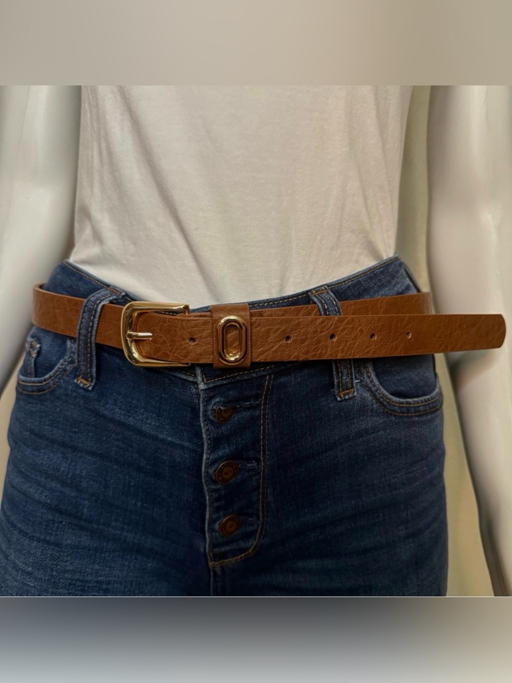 Brown PU distressed leather skinny belt with minimalist gold tone buckle